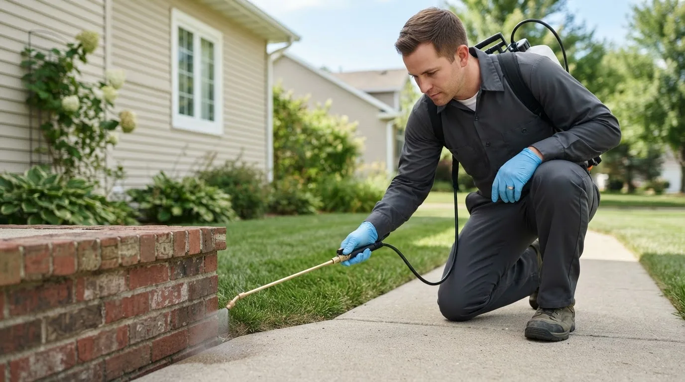Pest control technician treating a home near La Joya, TX